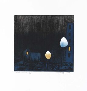 Konstnär Helena Elfgren. Konstverk benämning HE1 ‘Samtal om natten’, collografi, pappersmått: ca 35x33 cm, bildmått: 21x22 cm, upplaga 200. Våga Se - Konst