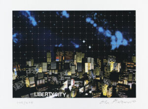 Konstnär Ola Åstrand. Konstverk benämning OÅ3 ‘Liberty City’, Litografi, pappersmått: 44x32 cm, bildmått: 36x25 cm, upplaga 295. Våga Se - Konst