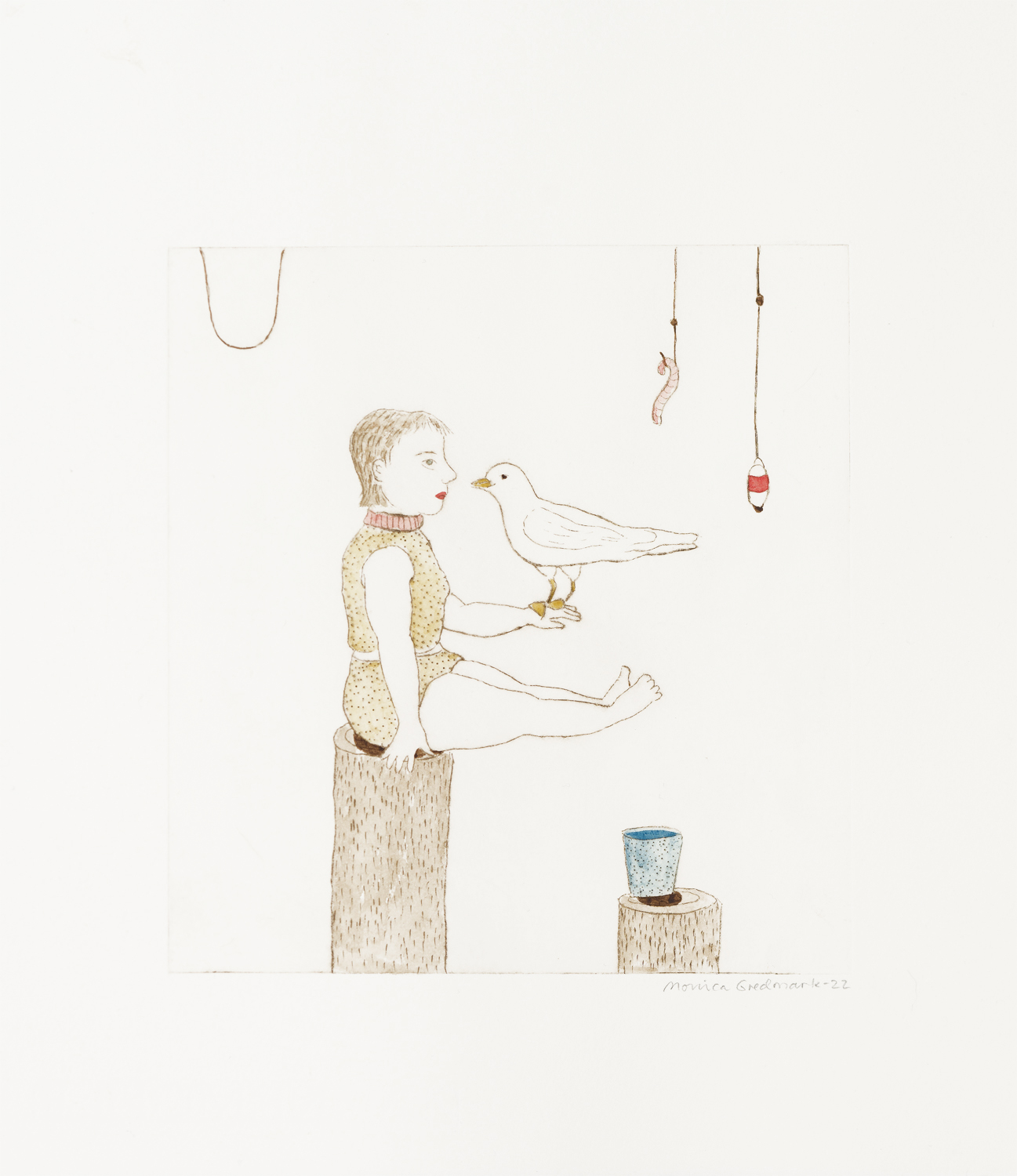 Monica Gredmark, Benämning: MG1, ”En fiskmås i min hand” Handkolorerad gravyr, Bildmått: H 18,5 x B 17,5 cm, Pappersmått: H 29 x B 26,5, upplaga 250