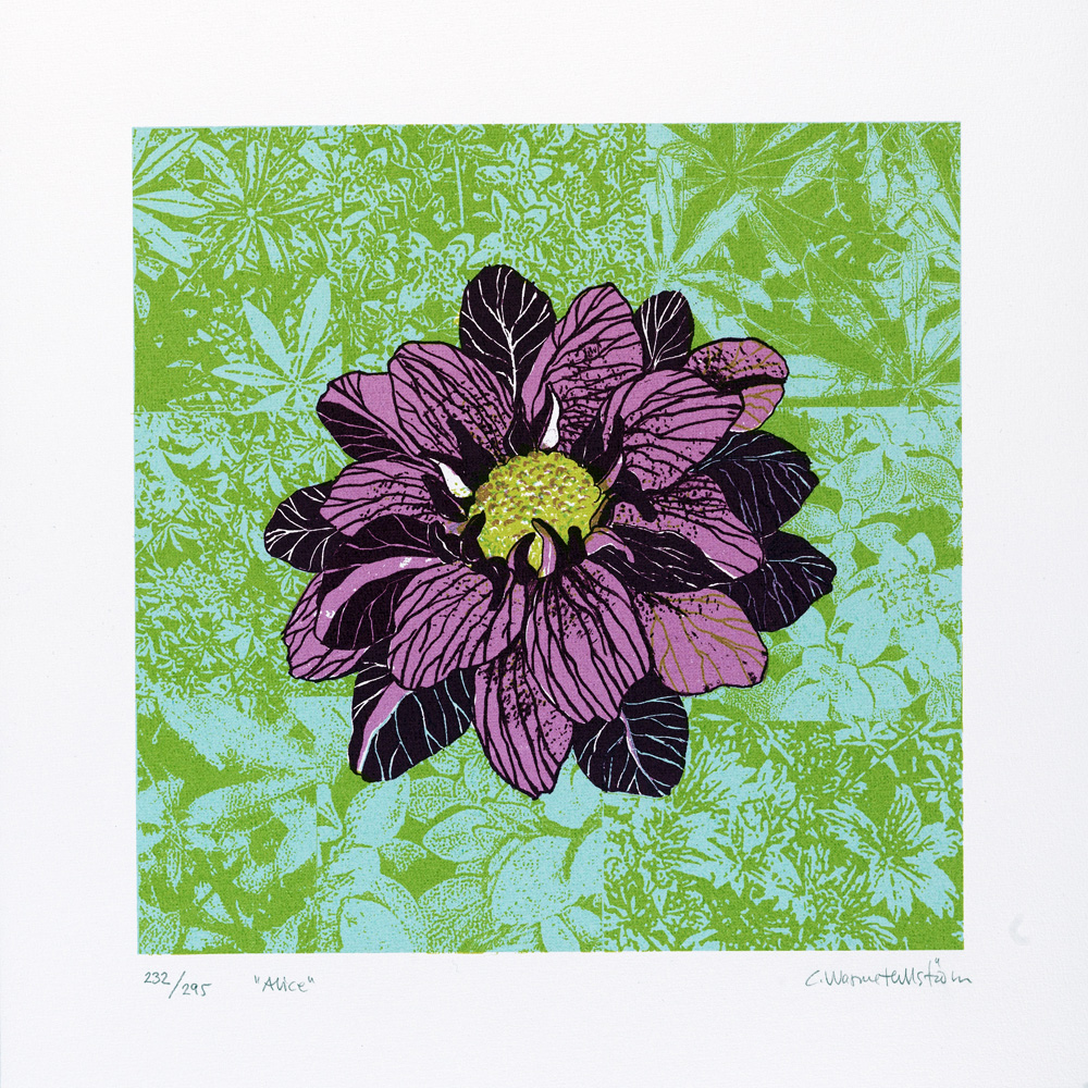 Konstnär Catharina Warme Hellström. Konstverk benämning CWH3 ‘Alice’, blandteknik, pappersmått: 38,5x38,5 cm, bildmått: 29x29 cm, upplaga 295. Våga Se - Konst