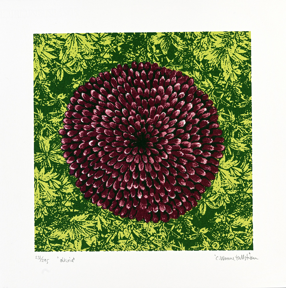 Konstnär Catharina Warme Hellström. Konstverk benämning CWH5 ‘Olivia’, blandteknik, pappersmått: 38,5x38,5 cm, bildmått: 29 x 29 cm, upplaga 295. Våga Se - Konst