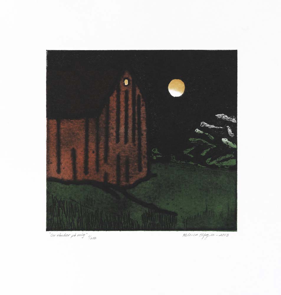 Konstnär Helena Elfgren. Konstverk benämning HE3 ‘Du väntar på mig’, collografi, pappersmått: ca 35x33 cm, bildmått: 21x22 cm, upplaga 200. Våga Se - Konst