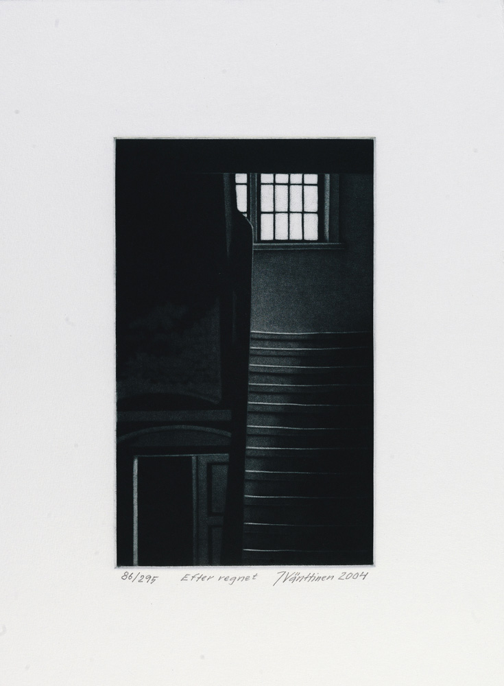 Konstnär Jukka Vänttinen. Konstverk benämning JUVÄ2 ‘Efter regnet’, mezzotint, pappersmått: 26x36cm, upplaga 295. Våga Se - Konst