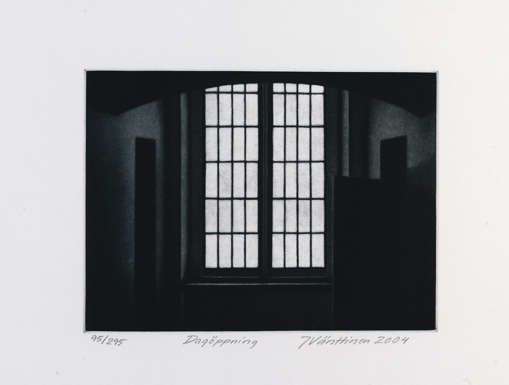 Konstnär Jukka Vänttinen. Konstverk benämning JUVÄ1 ‘Dagöppning’, mezzotint, pappersmått: 36x26 cm, upplaga 295. Våga Se - Konst