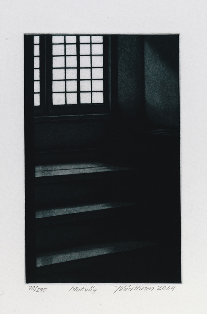 Konstnär Jukka Vänttinen. Konstverk benämning JUVÄ3 ‘Motväg’, mezzotint, pappersmått: 26x36cm, upplaga 295. Våga Se - Konst