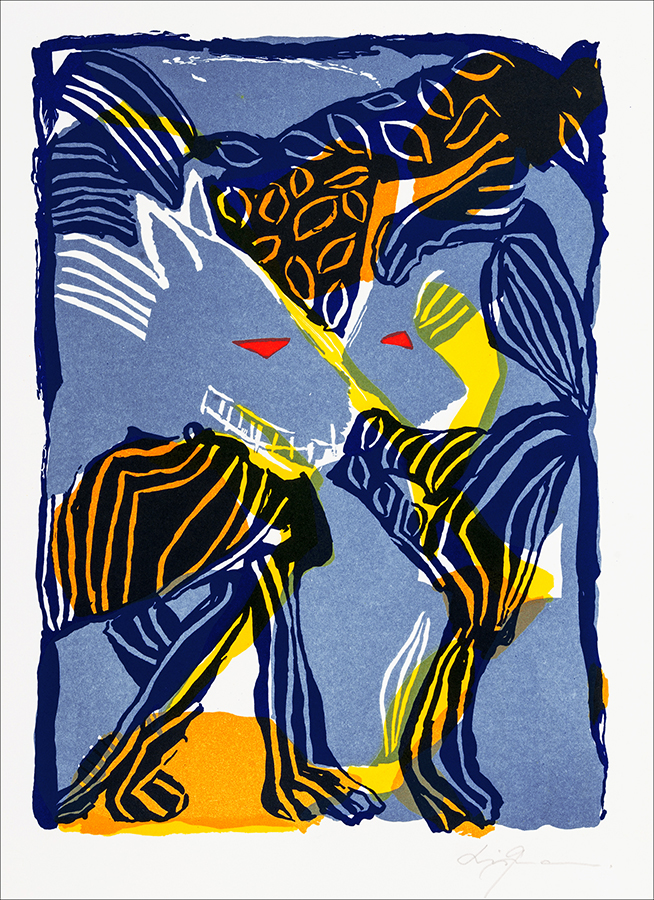 Konstnär Lis Gram. Benämning LIGR3 ‘Fabeldjur 3’, litografi, 29×38 cm, upplaga 295. Våga Se - Konst