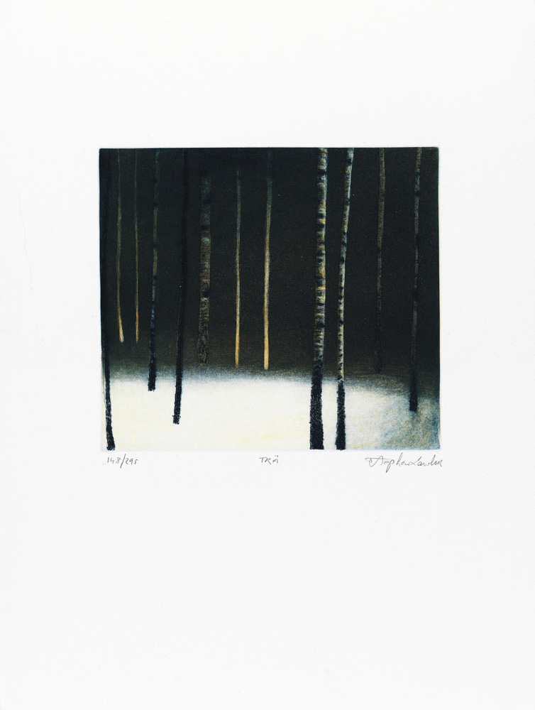 Konstnär Stephen Lawlor. Konstverk benämning SL4 ‘Träd’, litografi, pappersmått: 27x32,5 cm, bildmått: 15x19,5 cm, upplaga 295. Våga Se - Konst