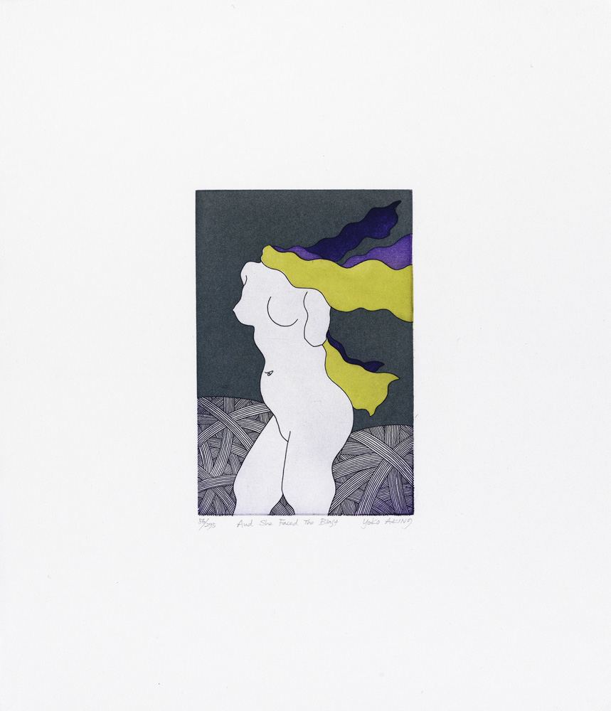 Yoko Akino "And she faced the blast", etsning, pappersmått: 34x40 cm, bildmått: 12x18 cm, upplaga 295