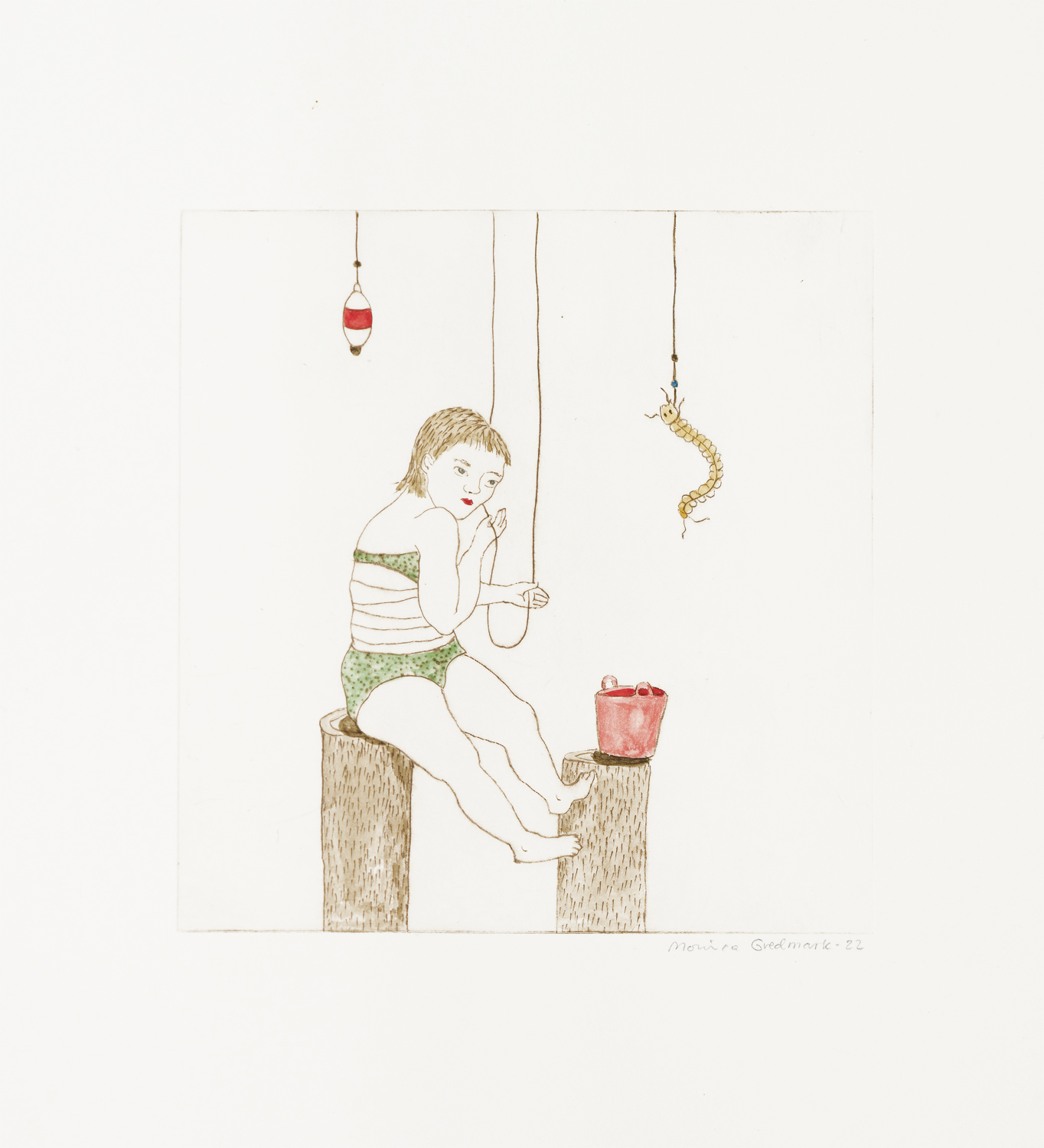 Monica Gredmark, Benämning: MG2, ”En havsmask på kroken” Handkolorerad gravyr, Bildmått: H 18,5 x B 17,5 cm, Pappersmått: H 29 x B 26,5, upplaga 250