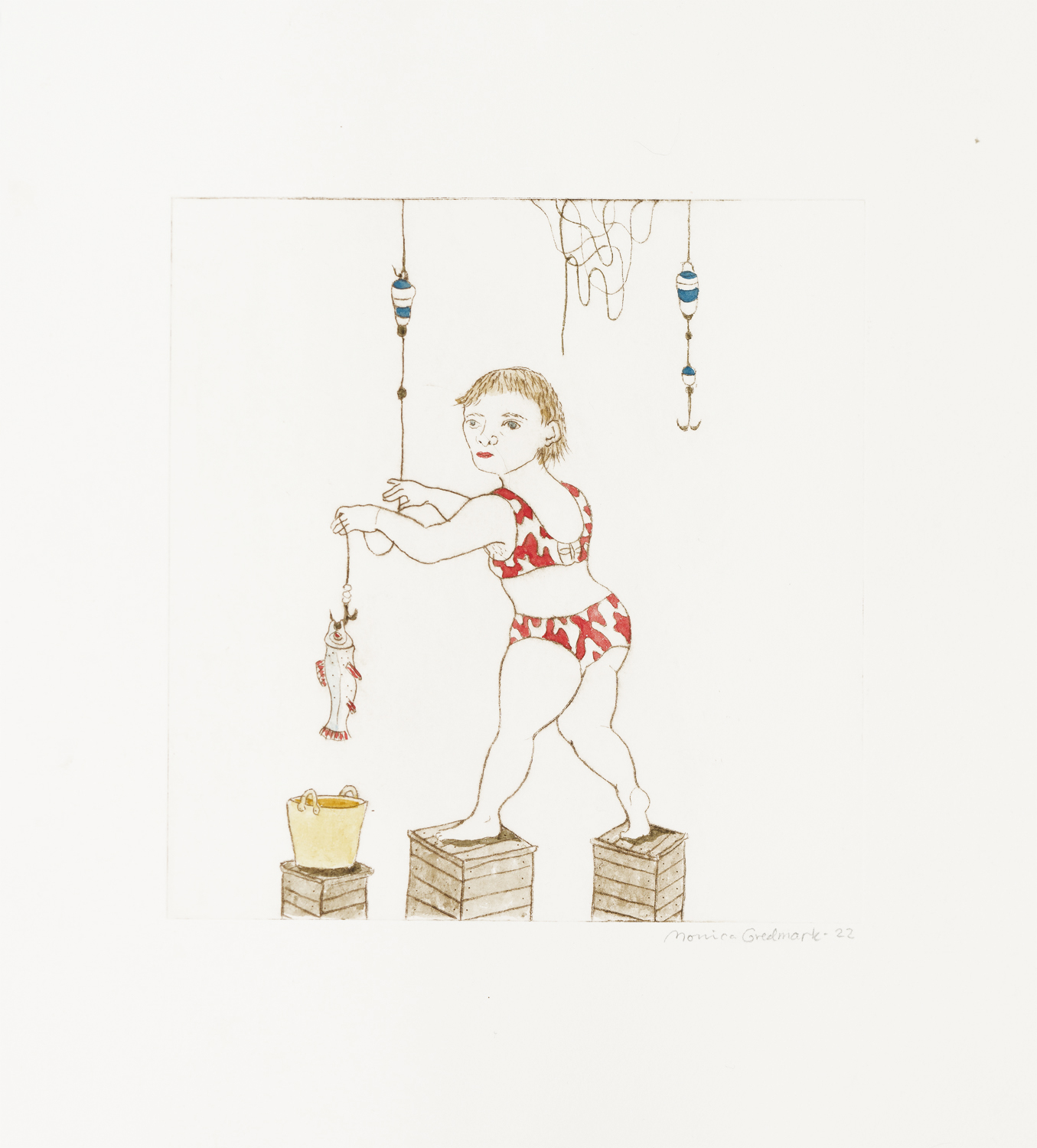 Monica Gredmark, Benämning: MG4, ”En fisk på kroken” Handkolorerad gravyr, Bildmått: H 18,5 x B 17,5 cm, Pappersmått: H 29 x B 26,5, upplaga 250